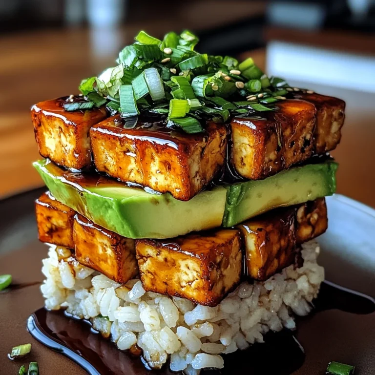 Crispy Teriyaki Tofu and Avocado Rice Stack