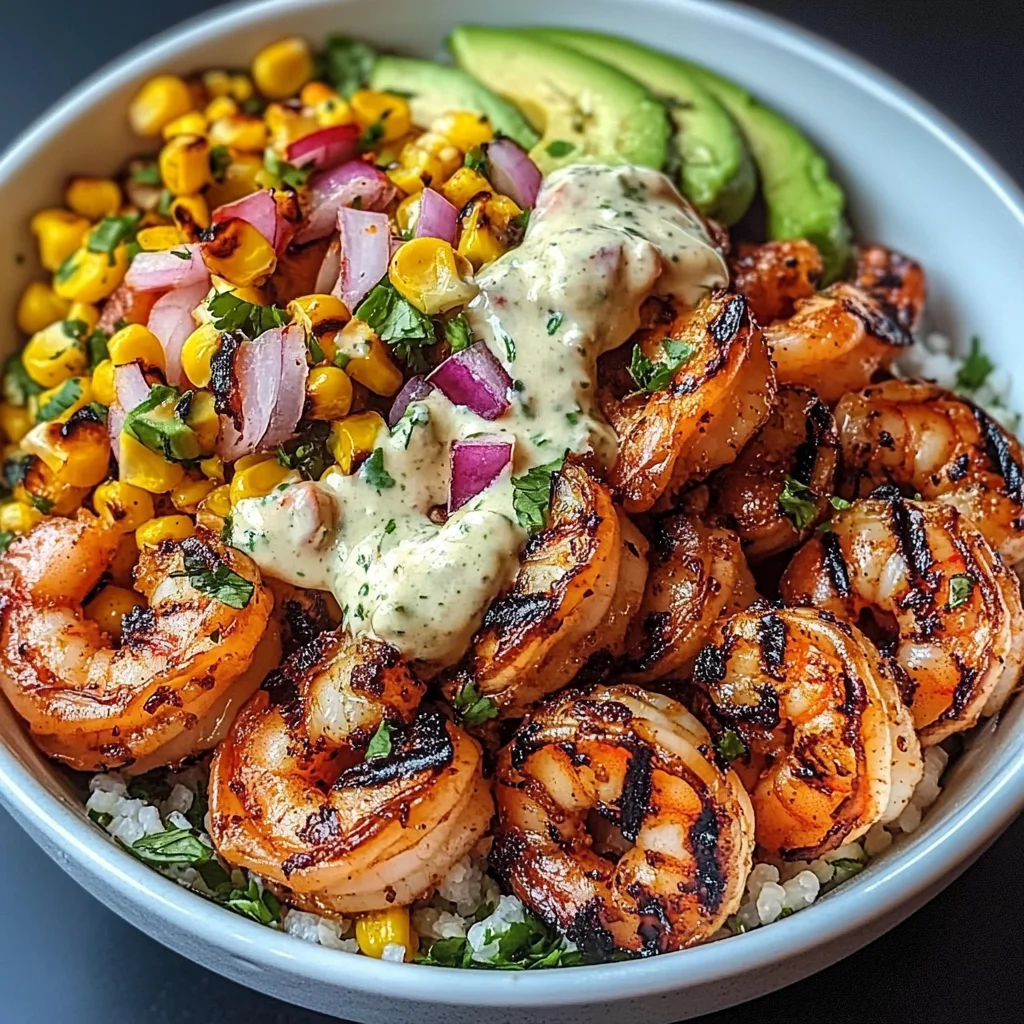 Grilled Shrimp Bowl with Avocado, Corn Salsa & Creamy Garlic Sauce