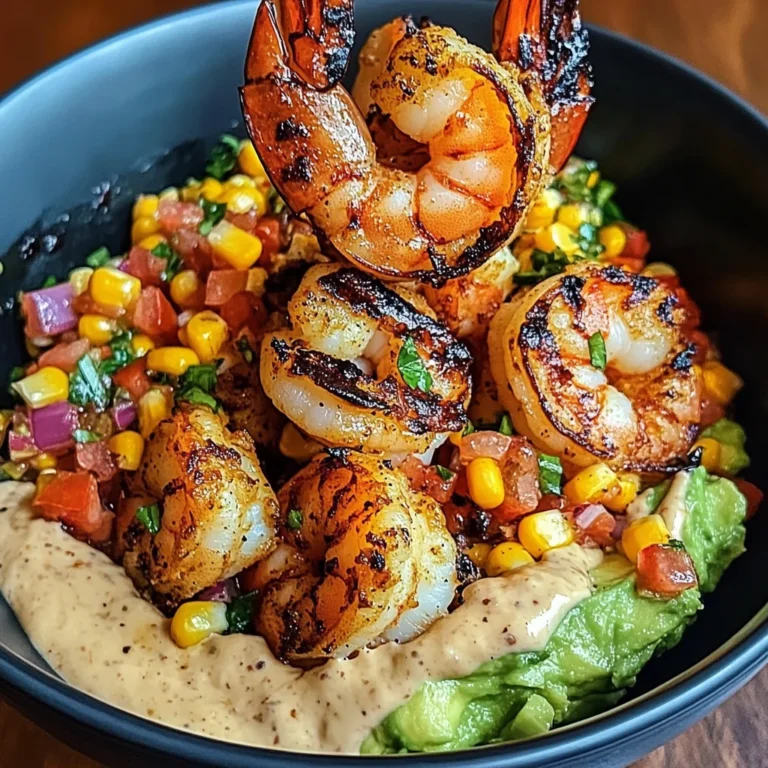 Grilled Shrimp Bowl with Avocado, Corn Salsa & Creamy Sauce