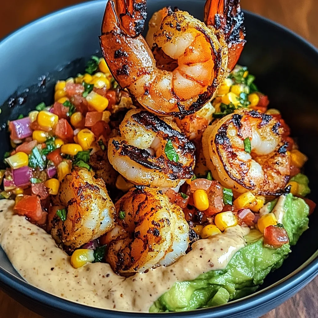 Grilled Shrimp Bowl with Avocado, Corn Salsa & Creamy Sauce