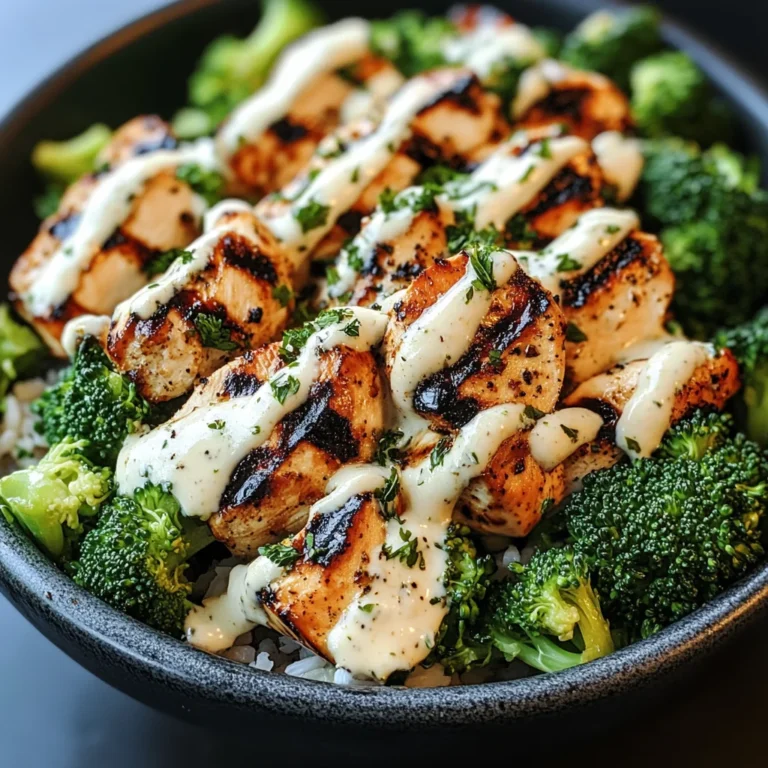 Grilled Chicken & Broccoli Bowls with Creamy Garlic Sauce