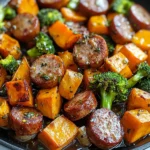 Sheet Pan Sausage and Sweet Potatoes with Honey Garlic Sauce