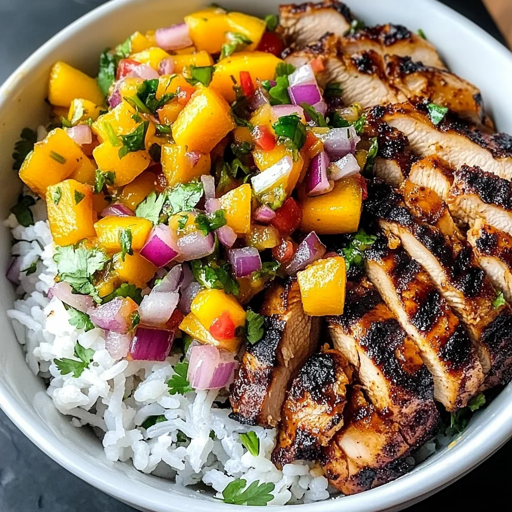 Jerk Chicken Bowls with Mango Salsa and Coconut Rice