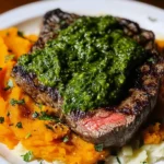 Steak with Green Sauce and Mashed Sweet Potatoes