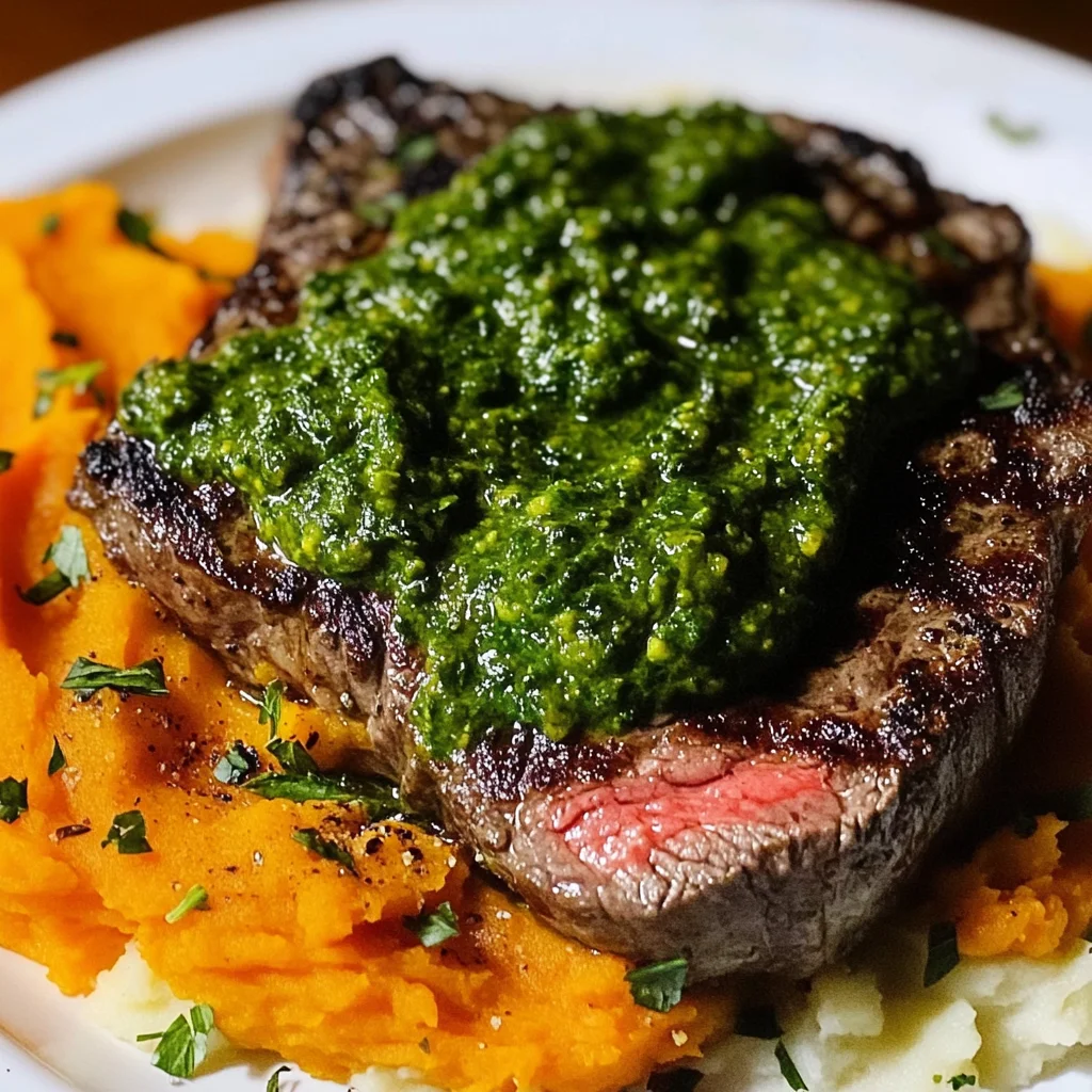 Steak with Green Sauce and Mashed Sweet Potatoes
